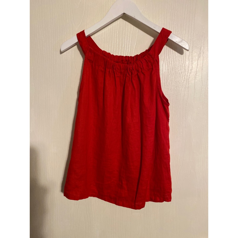 Nicole Miller New York Red 100% Linen Sleeveless Gathered Neck Tank Top S 0761